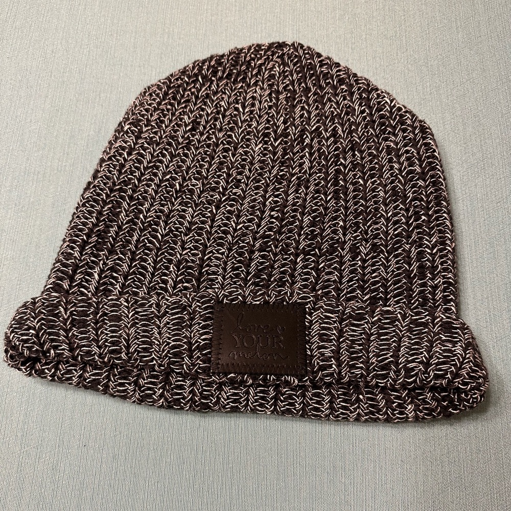 Black and white Love Your Melon cuffed beanie with black patch